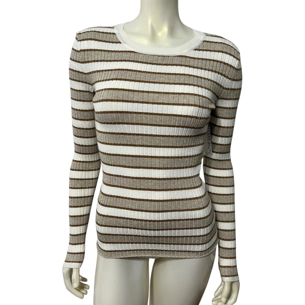 Nine West Womens Sweater XS Beige Brown White Striped Ribbed Knit Crewneck L/S